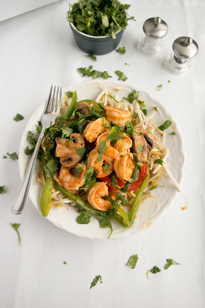 coconut curry shrimp on bean sprouts