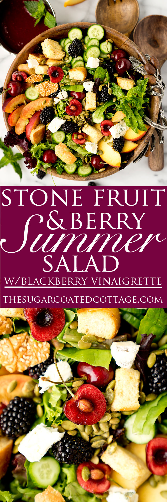 Stone Fruit and Berry Summer Salad with Balsamic Blackberry Vinaigrette. The salad you've been waiting for this summer! Peaches, nectarines, blackberries, cherries, herbs, roasted pepitas, toasty bread, cucumbers and gorgonzola. All drizzled with a generous serving of Balsamic Blackberry Vinaigrette dressing. | thesugarcoatedcottage.com