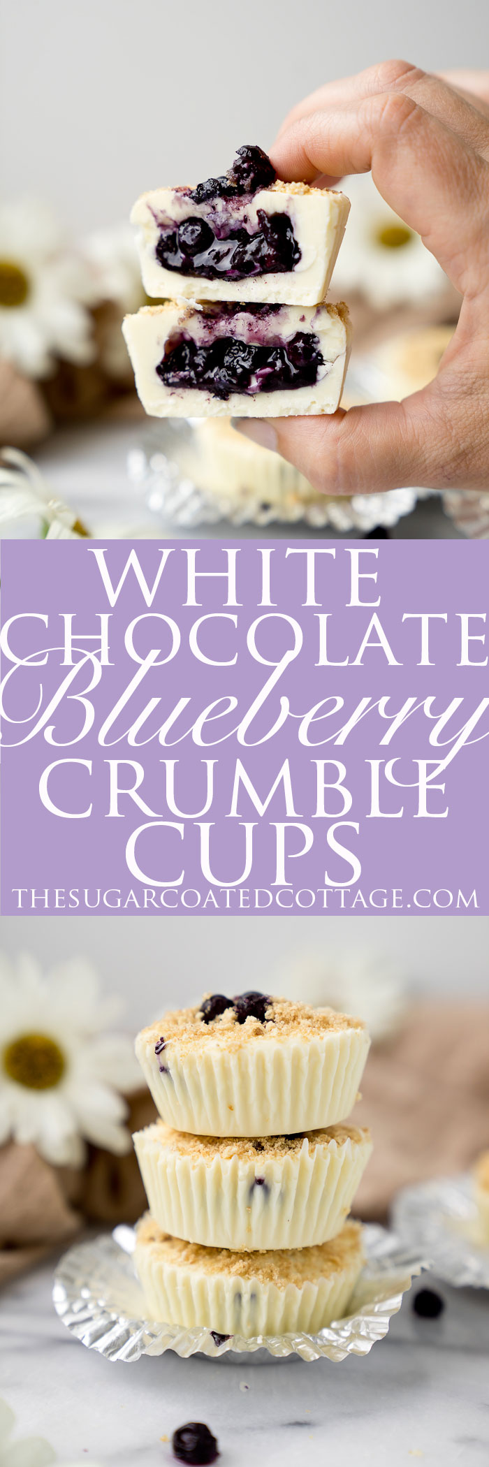 White Chocolate Blueberry Crumble Cups. Loving this simple, no bake, classic blueberry crumble inside of a creamy white chocolate cup. New take on a summer classic. | thesugarcoatedcottage.com