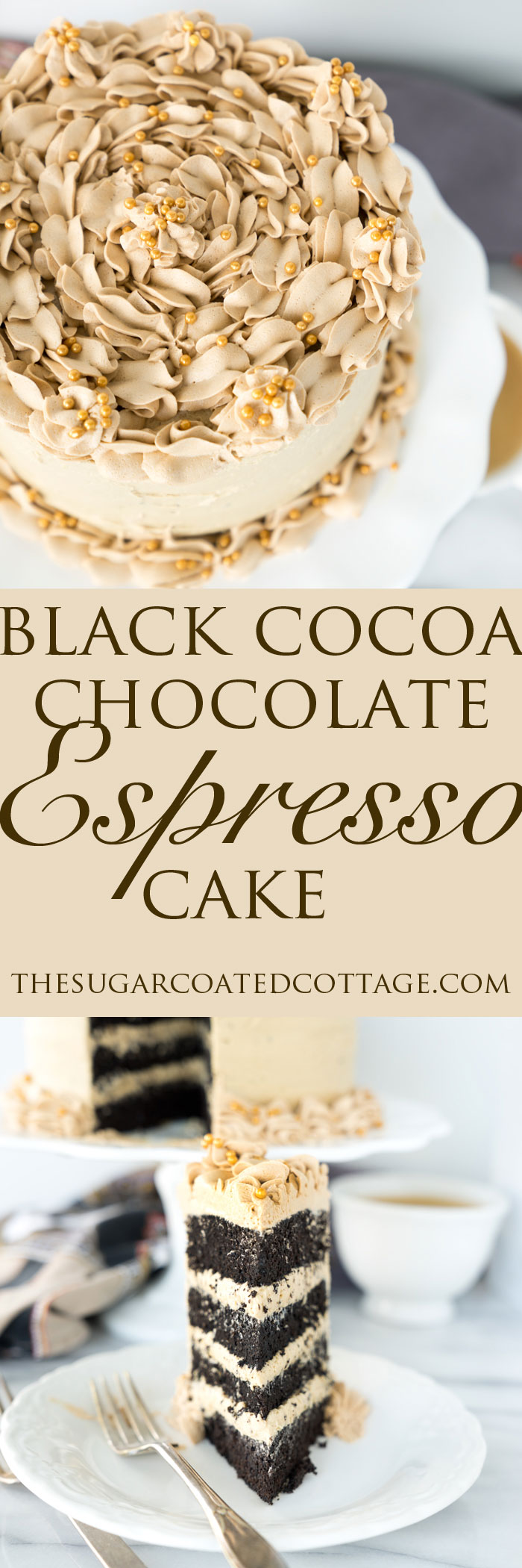 Black Cocoa Chocolate Espresso Cake. My new favorite cake recipe! Deep, dark, delicate crumbed chocolate cake enrobed in a blanket of rich, creamy espresso cream cheese frosting. | thesugarcoatedcottage.com