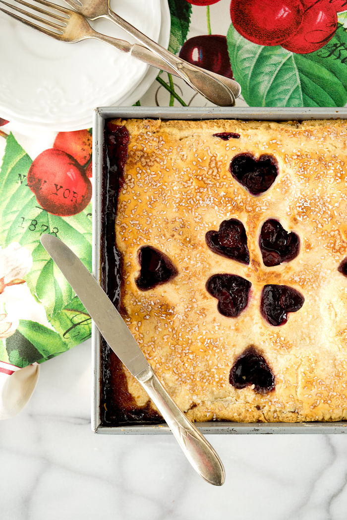 1/2 Slab Cherry Pie. Simple recipe for a small family sized Classic Cherry Slab Pie. | thesugarcoatedcottage.com