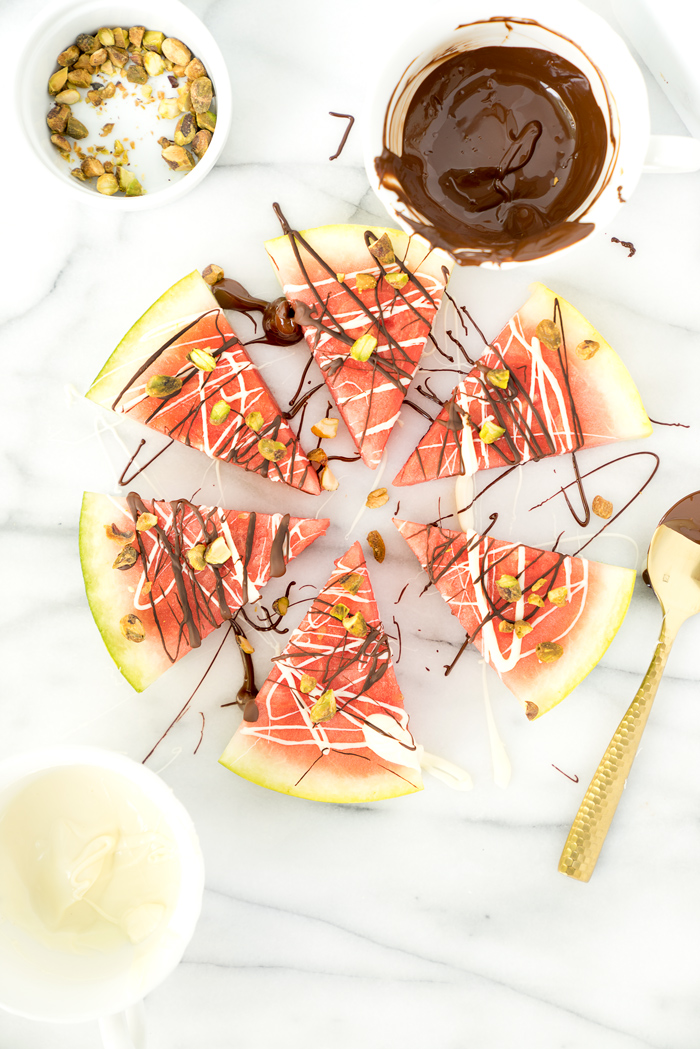 Chocolate Drizzled Pistachio Watermelon Wedges -Your easy and simple "How To" food guide to jazz up your watermelon wedges. We love a good healthy recipe for dessert! | thesugarcoatedcottage.com