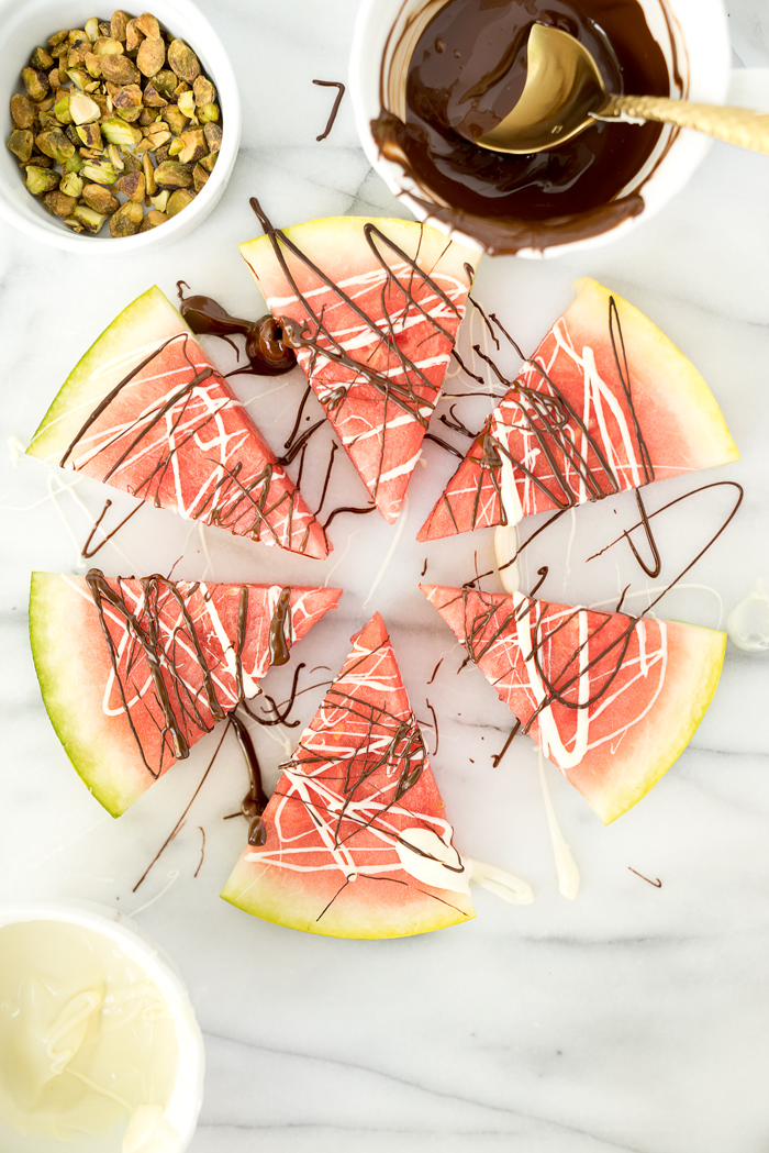 Chocolate Drizzled Pistachio Watermelon Wedges