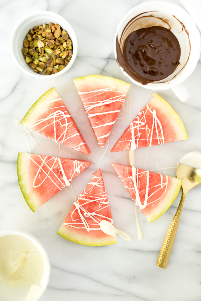 Chocolate Drizzled Pistachio Watermelon Wedges