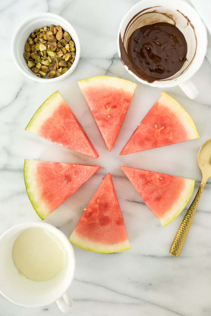 Chocolate Drizzled Pistachio Watermelon Wedges