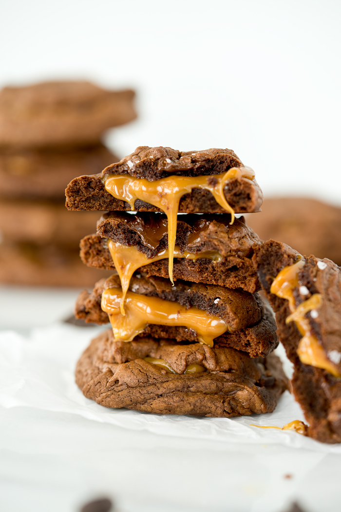 Dark Chocolate Caramel Stuffed Cookies. The best cookie recipe ever! Deep, dark chocolate. Gooey caramel and a sprinkling of flaky sea salt. | thesugarcoatedcottage.com