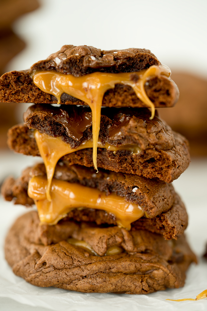 Dark Chocolate Caramel Stuffed Cookies. The best cookie recipe ever! Deep, dark chocolate. Gooey caramel and a sprinkling of flaky sea salt. | thesugarcoatedcottage.com