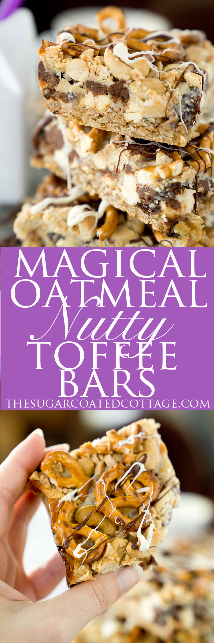 Magical Oatmeal Nutty Toffee Bar recipe. Oatmeal raisin base topped with pecans, walnuts, cashews, chocolate, toffee, coconut and pretzels! Trust me, you need these. | thesugarcoatedcottage.com