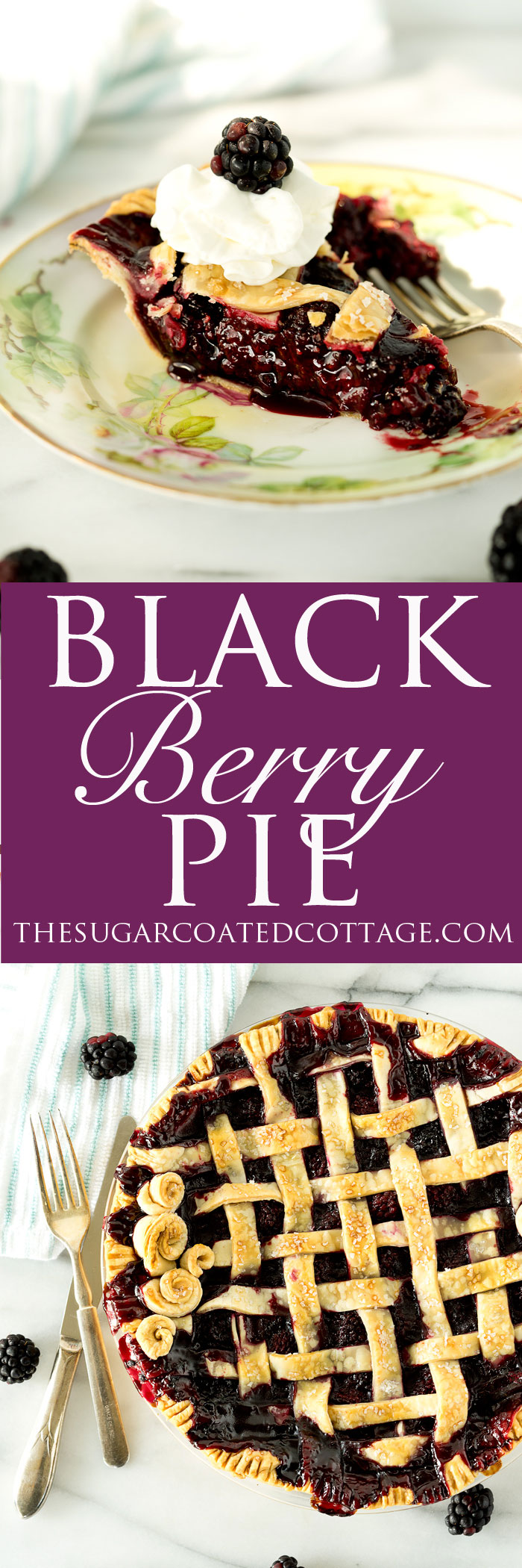 Scrumptious Black Berry Pie recipe! Plump, juicy, sweet, tart black berries gathered in a flaky, buttery, tender crust! | thesugarcoatedcottage.com