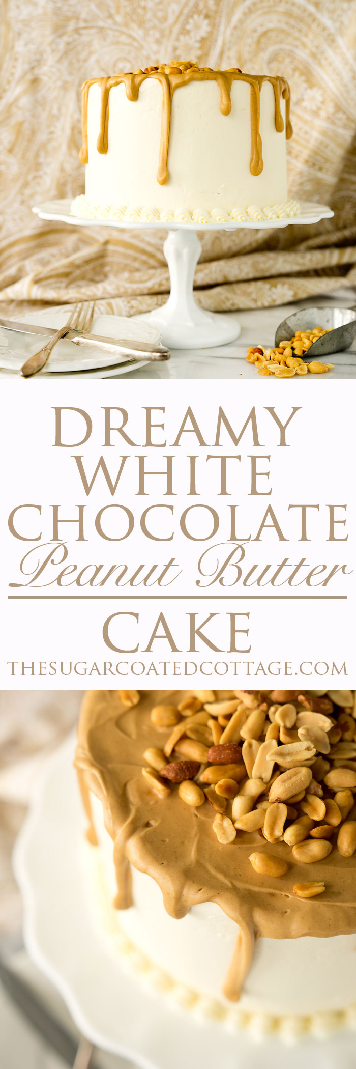 Dreamy White Chocolate Peanut Butter Cake Recipe. I'm in love with layers of white chocolate cake, white chocolate buttercream and creamy peanut butter ganache!! | thesugarcoatedcottage.com