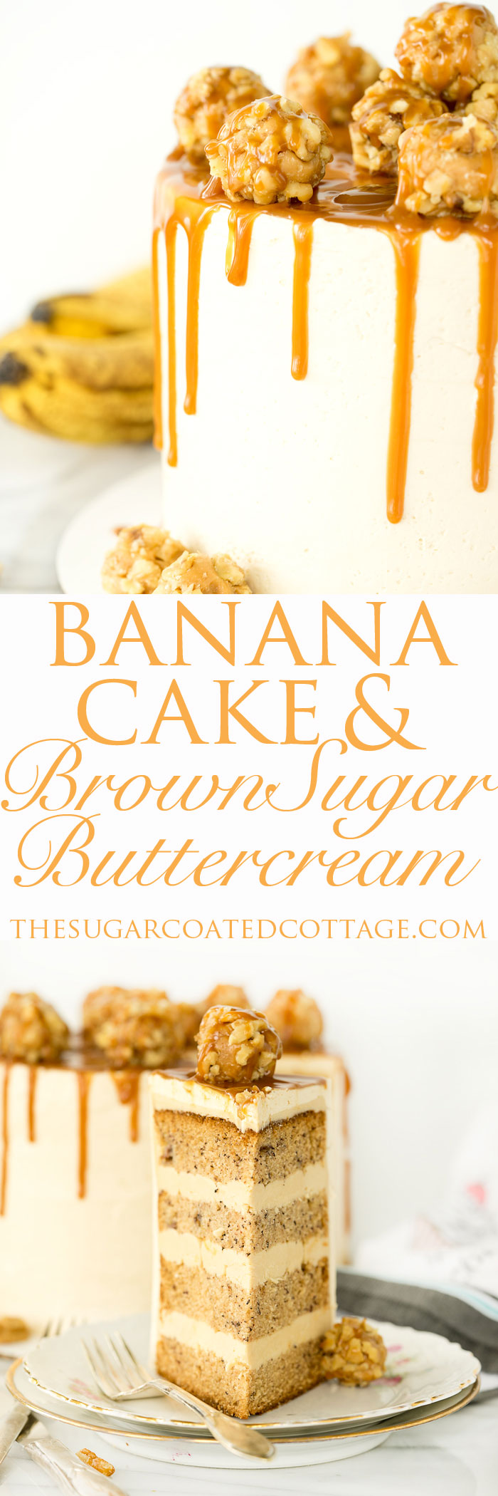 Banana Cake With Brown Sugar Swiss Meringue Buttercream!! Moist, delicious banana cake combined with my favorite, brown sugar swiss meringue buttercream. The best banana cake recipe and buttercream recipe you'll ever need. | thesugarcoatedcottage.com