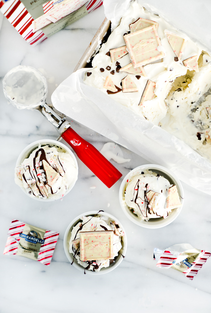 Peppermint Bark No Churn Ice Cream Recipe! Cold, creamy ice cream with pieces of cool, chocolately peppermint bark swirled in. | thesugarcoatedcottage.com