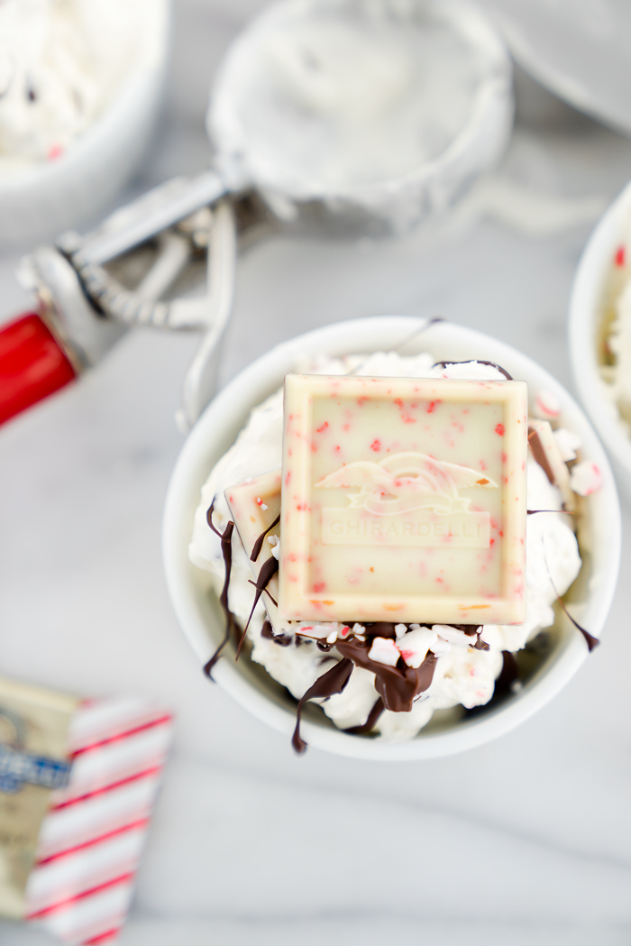 Peppermint Bark No Churn Ice Cream Recipe! Cold, creamy ice cream with pieces of cool, chocolately peppermint bark swirled in. | thesugarcoatedcottage.com