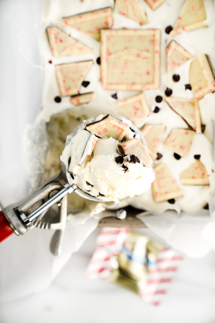 Peppermint Bark No Churn Ice Cream Recipe! Cold, creamy ice cream with pieces of cool, chocolately peppermint bark swirled in. | thesugarcoatedcottage.com