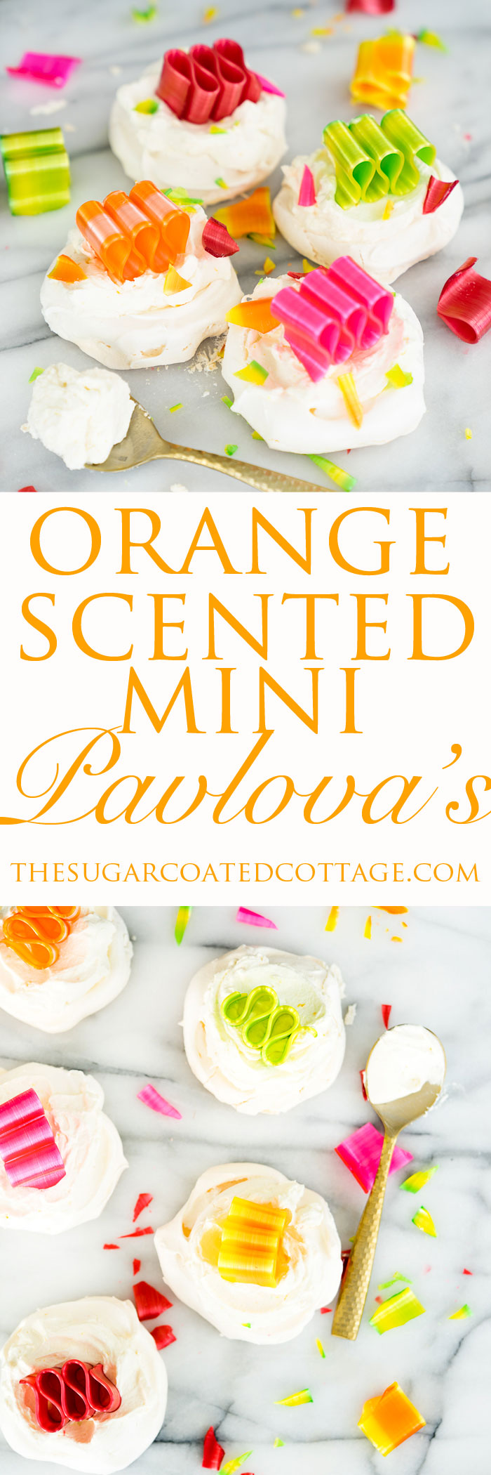 Orange Scented Mini Pavlovas recipe. Crispy, chewy meringues with a dollop of orange scented whipped cream! | thesugarcoatedcottage.com