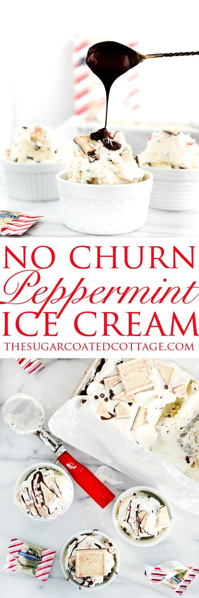 Peppermint Bark No Churn Ice Cream Recipe! Cold, creamy ice cream with pieces of cool, chocolately peppermint bark swirled in. | thesugarcoatedcottage.com