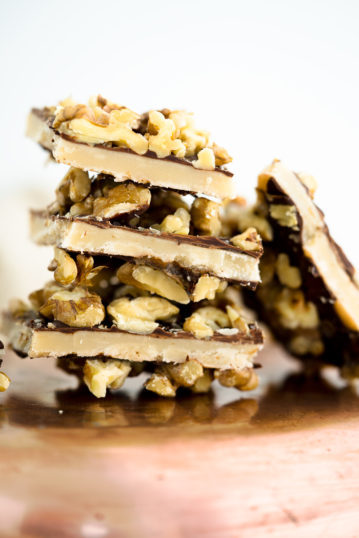 Chocolate Walnut Butter Crunch recipe!! Buttery, crunchy candy center coated in chocolate and sprinkled with roasted walnuts. | thesugarcoatedcottage.com