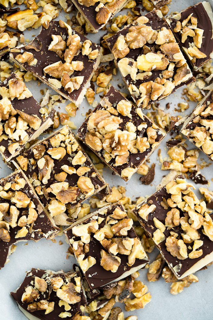 Chocolate Walnut Butter Crunch recipe!! Buttery, crunchy candy center coated in chocolate and sprinkled with roasted walnuts. | thesugarcoatedcottage.com