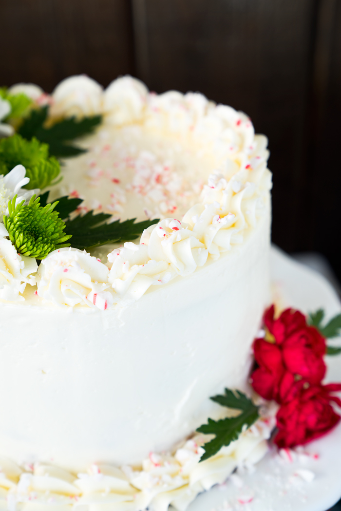 White Chocolate Peppermint Cake recipe. Lush white chocolate and cool, crisp peppermint make for a wonderfully delightful cake recipe. | thesugarcoatedcottage.com