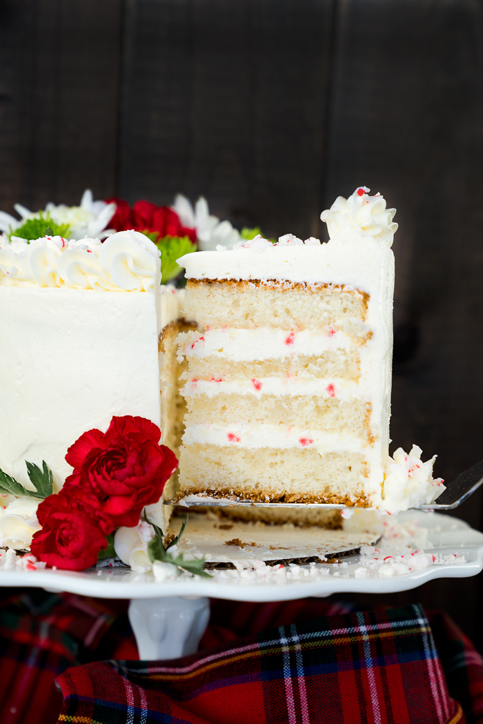 White Chocolate Peppermint Cake recipe. Lush white chocolate and cool, crisp peppermint make for a wonderfully delightful cake. | thesugarcoatedcottage.com