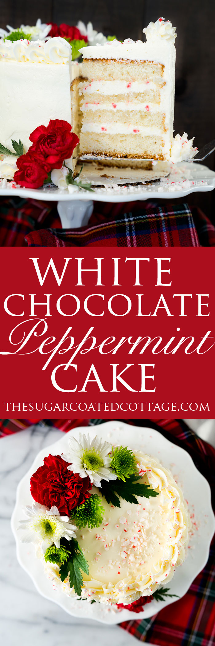 White Chocolate Peppermint Cake recipe. Lush white chocolate and cool, crisp peppermint make for a wonderfully delightful cake recipe. | thesugarcoatedcottage.com