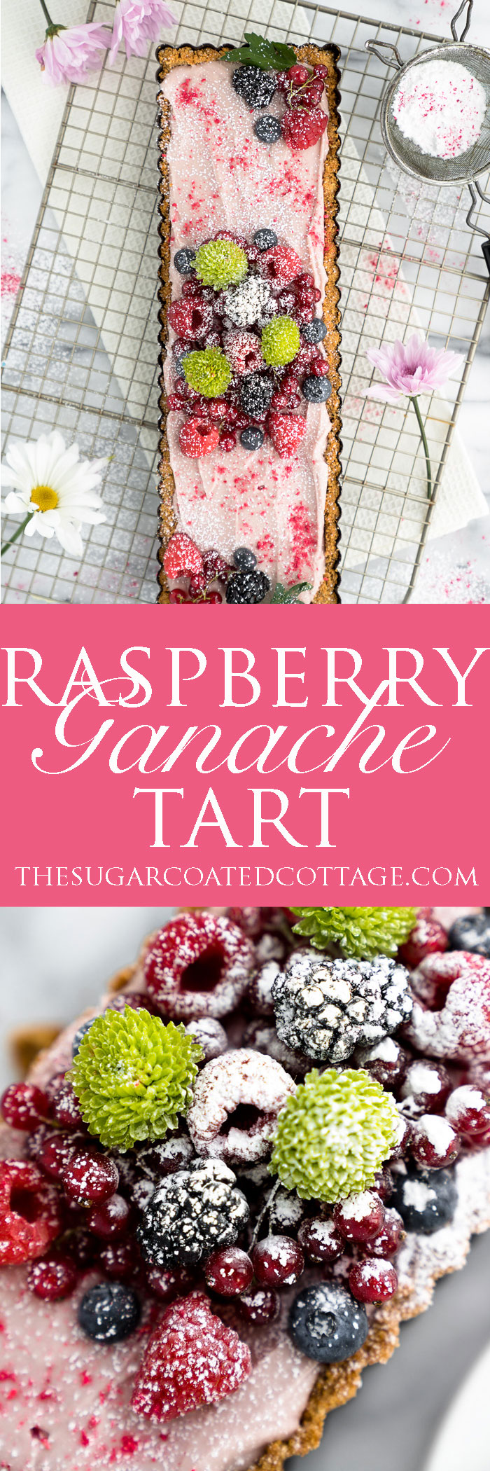 Raspberry Ganache Tart recipe. Smooth, rich and creamy raspberry ganache wrapped in a crunchy cookie crust. | thesugarcoatedcottage.com