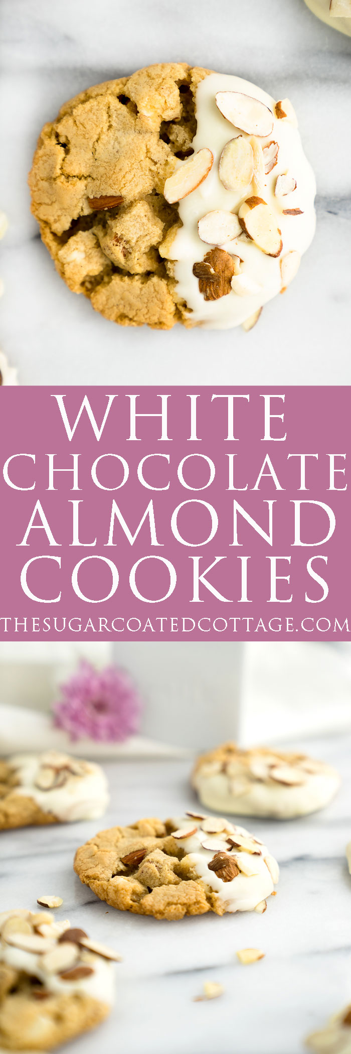 White Chocolate Roasted Almond Cookie Recipe. Crispy, crinkly, buttery cookies studded with crunchy roasted almonds and creamy white chocolate chips. | thesugarcoatedcottage.com