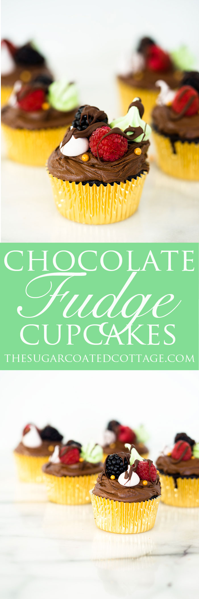 Chocolatey Fudge Cupcake Recipe. Moist, fluffy, pillowy cupcakes in a swirl of fudge chocolate frosting. Decorated in fresh berries and crisp meringues. | thesugarcoatedcottage.com