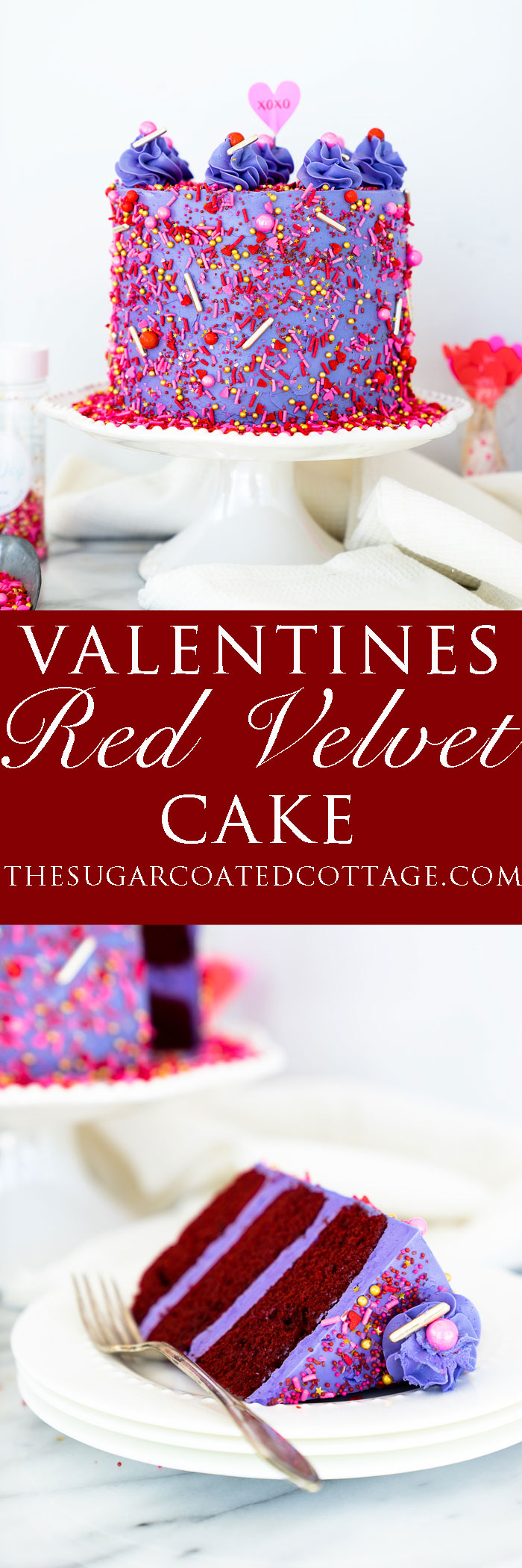 Valentines Red Velvet Cake Recipe. Three layers of southern red velvet cake enrobed in purple swiss meringue buttercream and valentines inspired sprinkles. | thesugarcoatedcottage.com