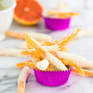 White Chocolate Covered Candied Grapefruit Peel Recipe. Bitter sweet grapefruit peel candied to perfection and dipped in sweet, creamy white chocolate. 3 ingredient, no bake, candy. | thesugarcoatedcottage.com