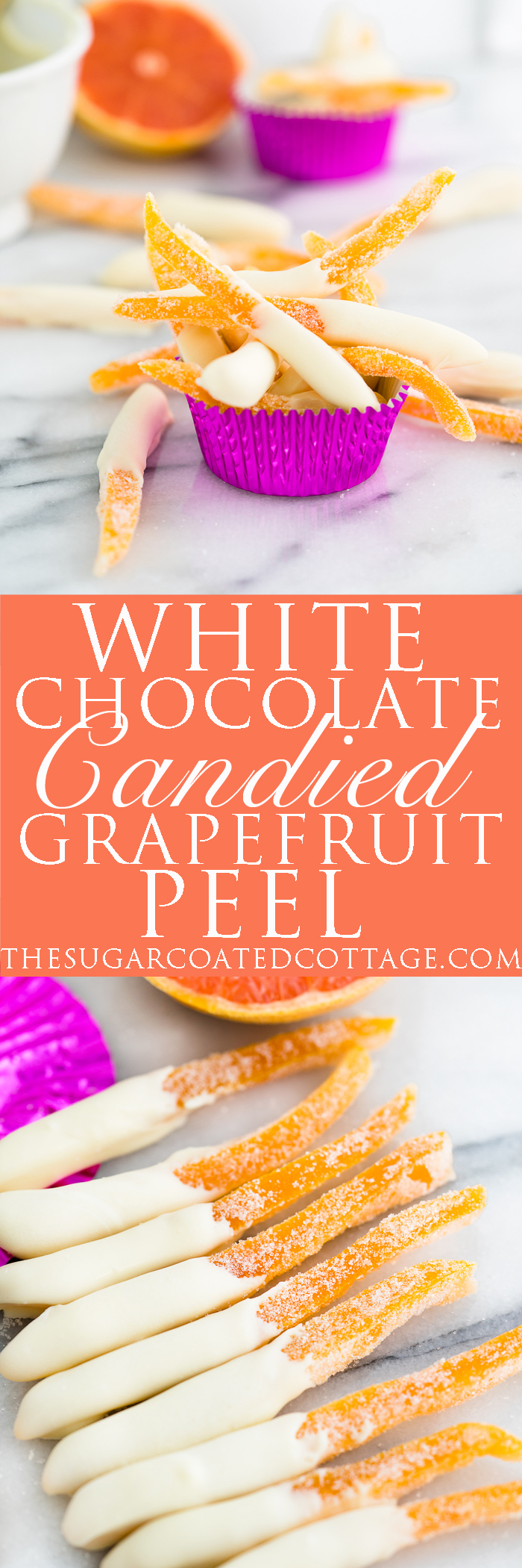 White Chocolate Covered Candied Grapefruit Peel Recipe. Bitter sweet grapefruit peel candied to perfection and dipped in sweet, creamy white chocolate. 3 ingredient, no bake, candy. | thesugarcoatedcottage.com