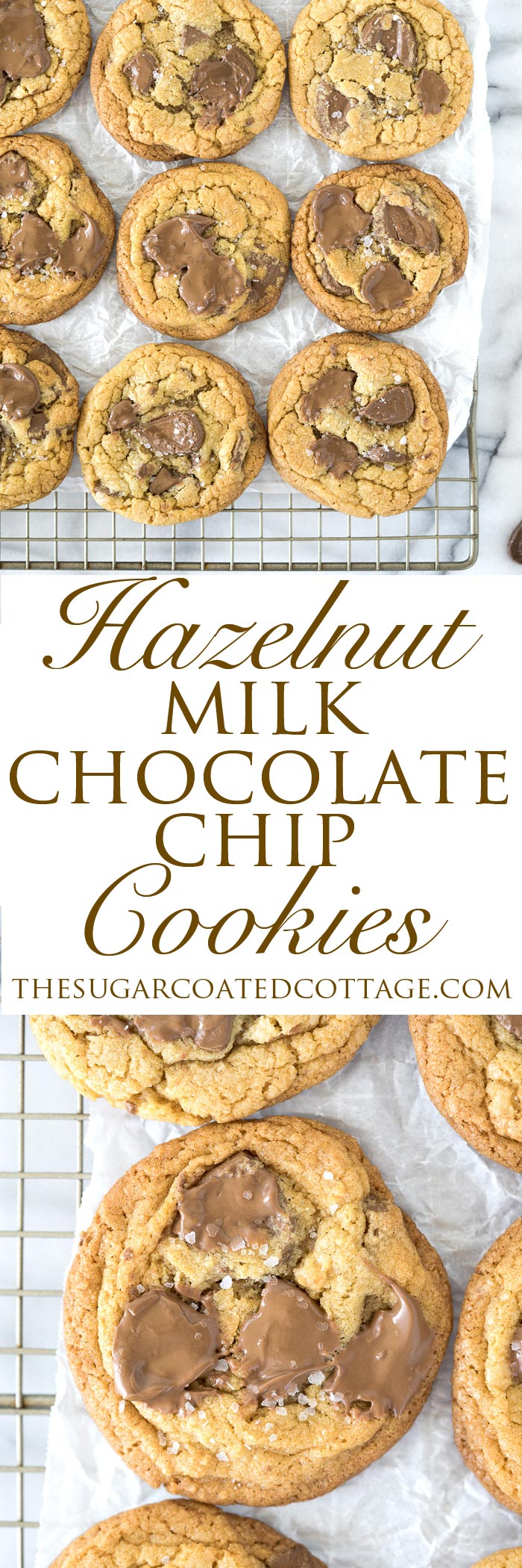 Valrhona Hazelnut Milk Chocolate Chip Cookie Recipe. This fabulous cookie is studded with Valrhona Hazelnut Milk Chocolate Feves (chips) and sprinkled with sea salt. Luxurious, smooth and creamy sums up this cookie! | thesugarcoatedcottage.com #valrhona #chocolatechipcookie #milk chocolate