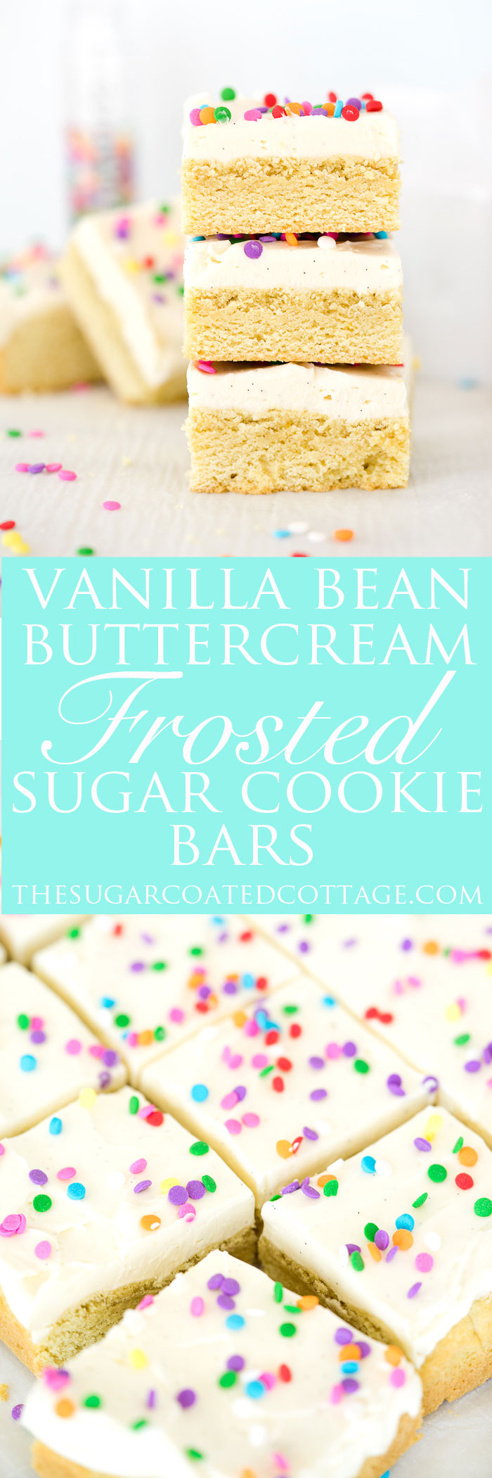 Vanilla Bean Buttercream Frosted Sugar Cookie Bar Recipe. Smooth, creamy vanilla bean flecked swiss meringue buttercream on top of sweet, buttery, sugar cookie bars. | thesugarcoatedcottage.com #recipe #cookies #baking #sugarcookie #buttercream