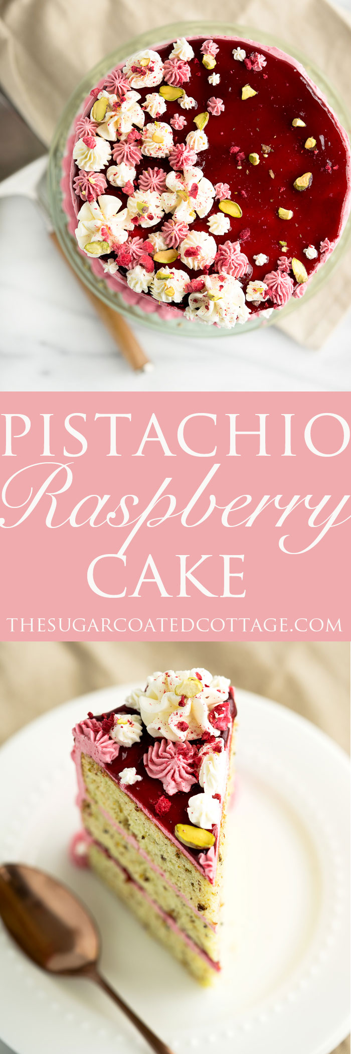 Pistachio Raspberry Cake Recipe. Deliciously nutty layers of cake enrobed in a beautiful raspberry swiss meringue buttercream. Looking for a unique cake for that special occasion then this is it! | thesugarcoatedcottage.com #cake #recipe #pistachiocake #buttercream #raspberry