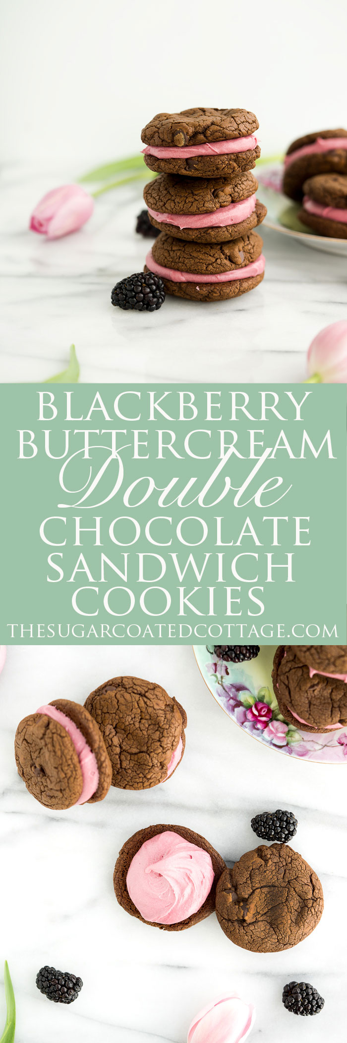 Blackberry Buttercream Double Chocolate Sandwich Cookie Recipe. Sweet blackberry buttercream sandwiched between two double chocolate cookies. #cookies #buttercream #recipe #blackberry | thesugarcoatedcottage.com