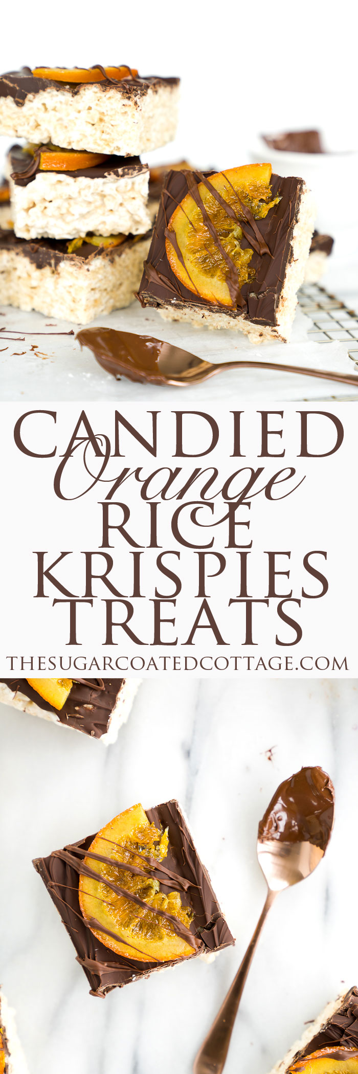 Candied Orange Chocolate Rice Krispies Treats Recipe. Gooey, marshmallowy Rice Krispies Treats smothered in a coating of chocolate and adorned by slices of candied oranges. There's no other way to eat a childhood classic. | thesugarcoatedcottage.com | #ricekrispiestreats #barcookies #recipe #dessert