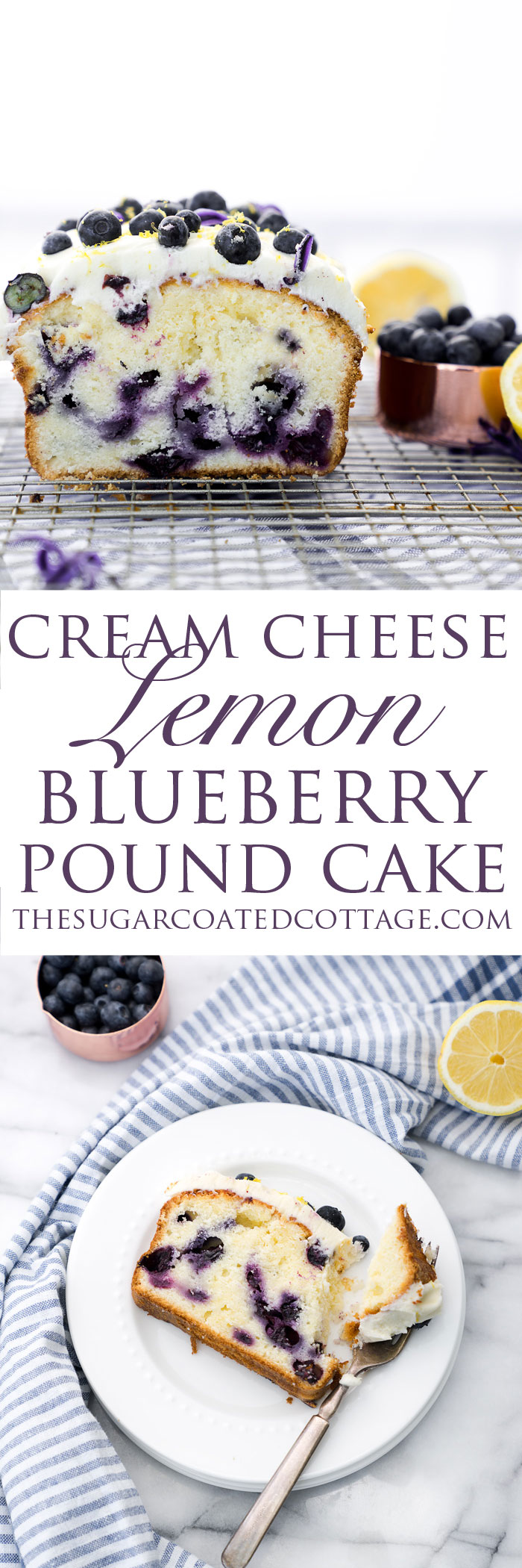 Cream Cheese Lemon Blueberry Pound Cake Recipe. Moist and creamy lemony pound cake studded with sweet plump blueberries. There is nothing like a great pound cake! | thesugarcoatedcottage.com #lemon #recipe #blueberry #cake #poundcake