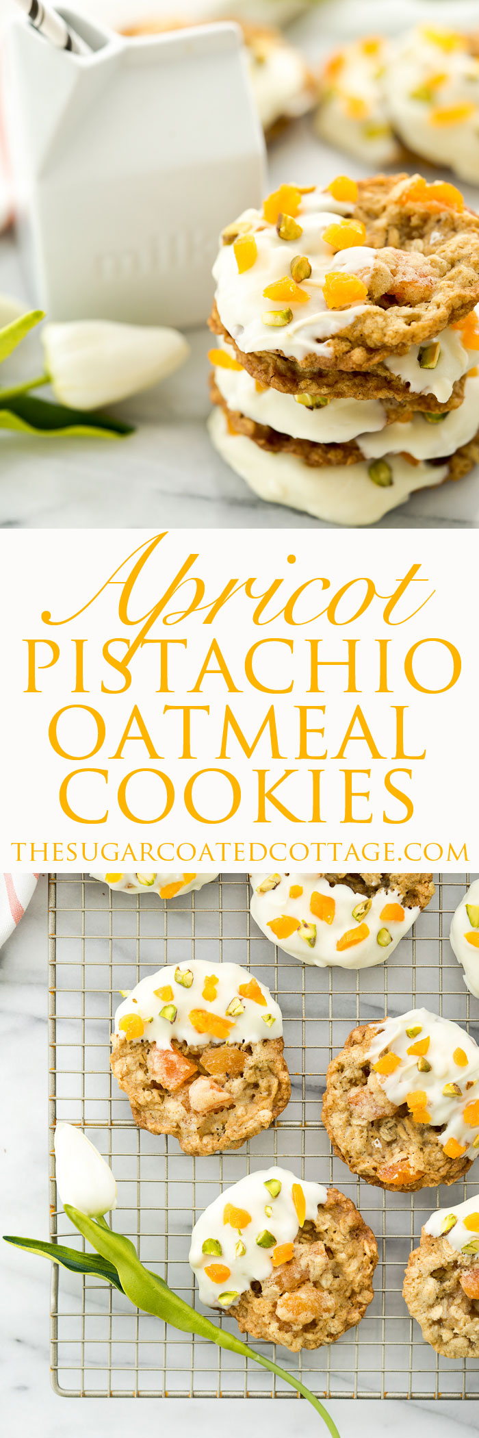 Apricot Pistachio Oatmeal Cookies. These oatmeal cookies are studded with rough chopped dried apricots and roasted, salted pistachios. | thesugarcoatedcottage.com #cookie #recipe #oatmealcookie #apricots #pistachio 