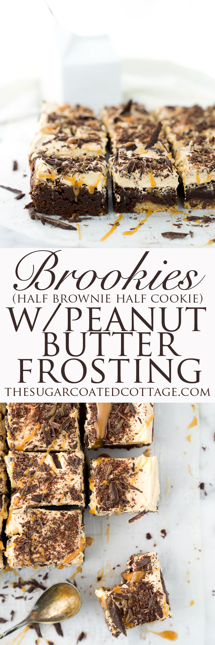 THE BEST BROOKIES ever! Half brownie, half chocolate chip cookie, whipped peanut butter frosting! | thesugarcoatedcottage.com | #brookies #brownies #peanut