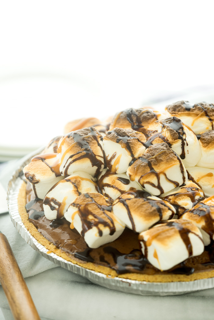 S'mores Chocolate Chiffon Pie! A campfire classic made into a pie. Creamy chocolate filling, toasted marshmallows for the win! | thesugarcoatedcottage.com