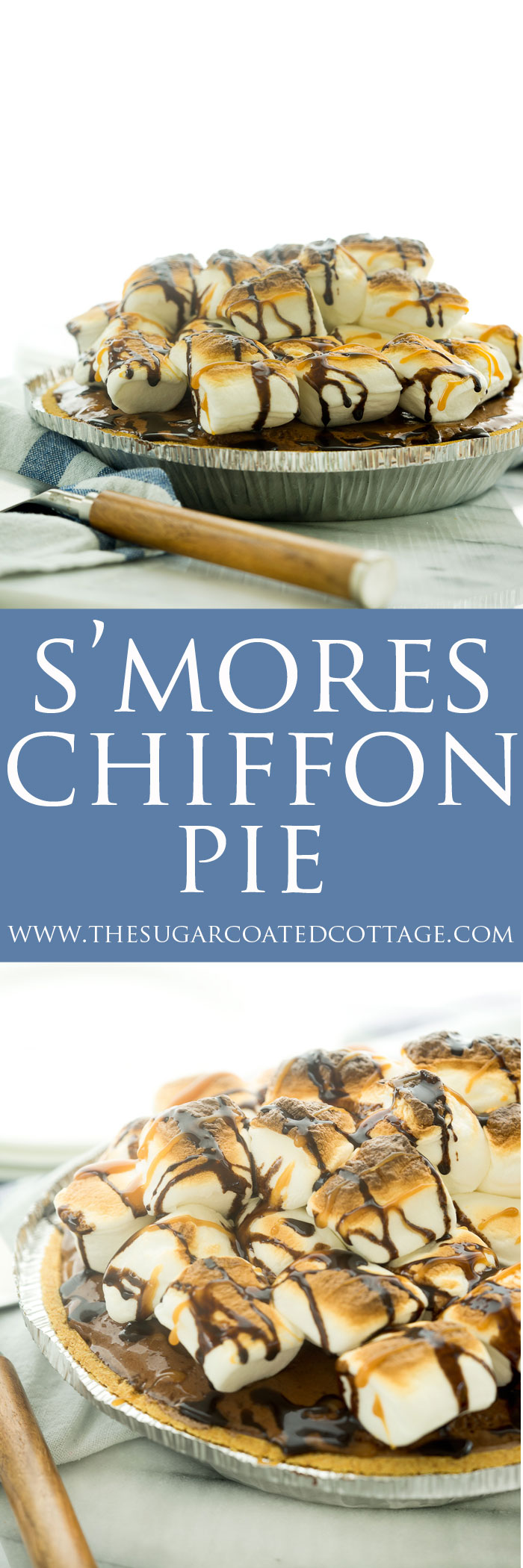 S'mores Chocolate Chiffon Pie! A campfire classic made into a pie. Creamy chocolate filling, toasted marshmallows for the win! | thesugarcoatedcottage.com