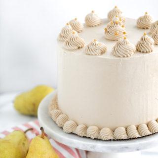 Pear Spice Cake with Dark Brown Sugar Buttercream. Layers of spice cake, caramelized pears and dark brown sugar buttercream. | thesugarcoatedcottage.com