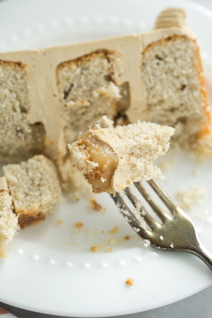 Pear Spice Cake with Dark Brown Sugar Buttercream. Layers of spice cake, caramelized pears and dark brown sugar buttercream. | thesugarcoatedcottage.com