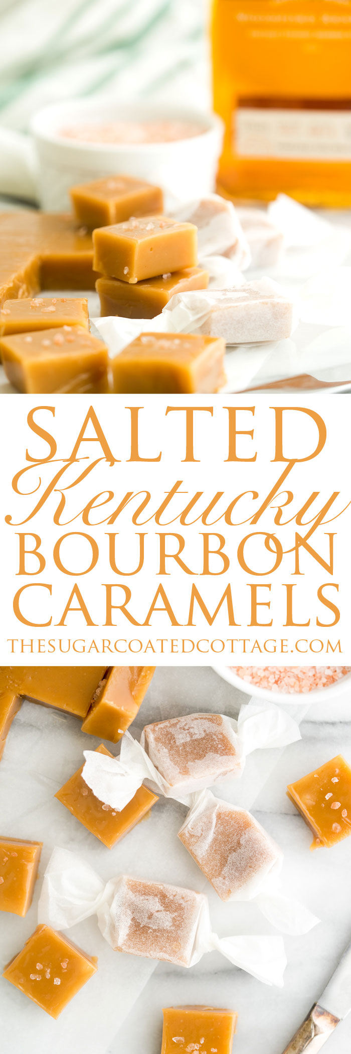 Salted Kentucky Bourbon Caramels. Sticky, gooey, bourbon enhanced caramel candy. An addicting candy classic. | thesugarcoatedcottage.com #caramel #candy