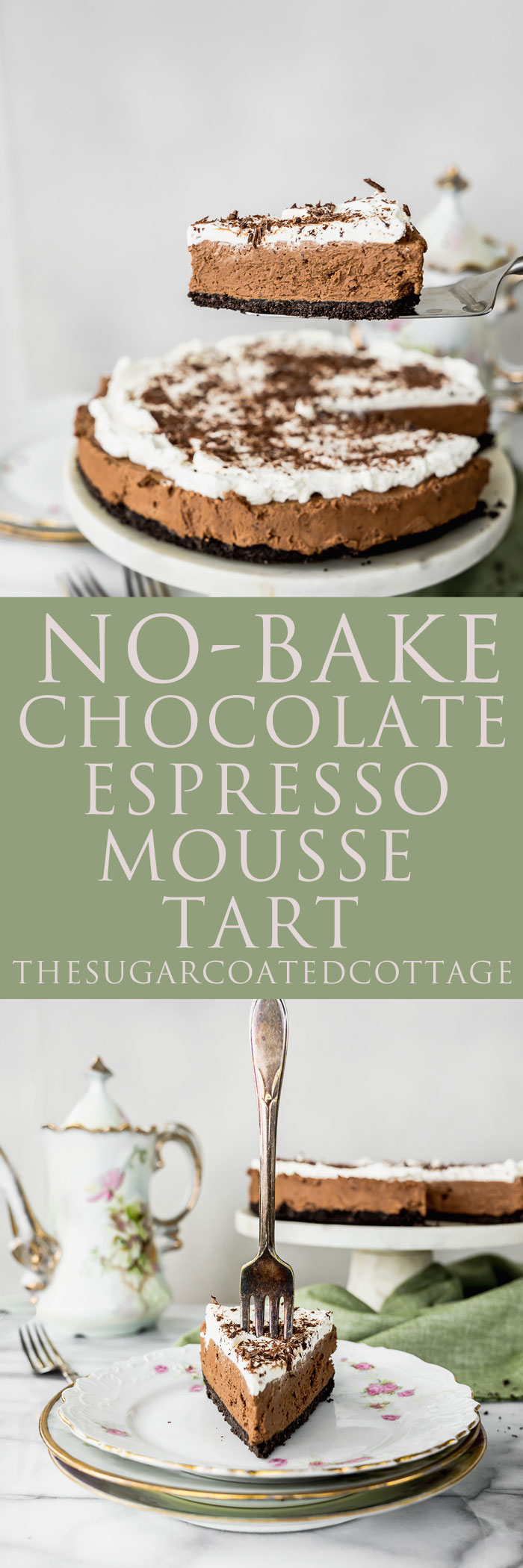 No Bake Chocolate Espresso Mousse Tart. NO BAKE!! Smooth creamy chocolate espresso mousse with a crunchy (but sturdy) cookie crust. | no bake, tart, ganache