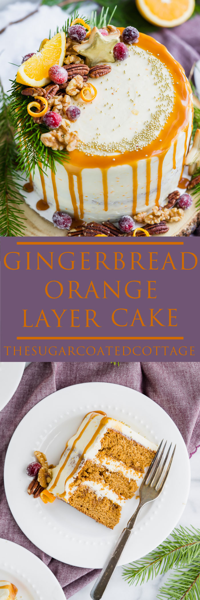 Gingerbread Orange Layer Cake. Three layers of orangey rum glazed gingerbread cake coated in an orangey cream cheese buttercream!! | gingerbread, cake www. thesugarcoatedcottage.com