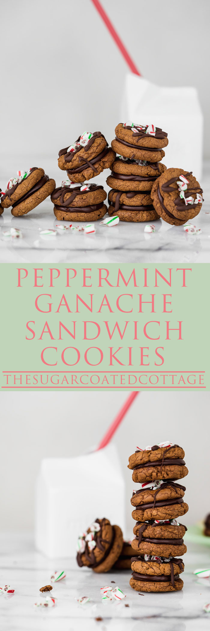 Peppermint Ganache Sandwich Cookies. Crunchy on the outside, soft on the inside chocolate cookies sandwich smooth and creamy peppermint ganache! | www.thesugarcoatedcottage.com | @NielsenMassey, cookies, ganache, sandwich cookie, oreo, peppermint, holiday, christmas