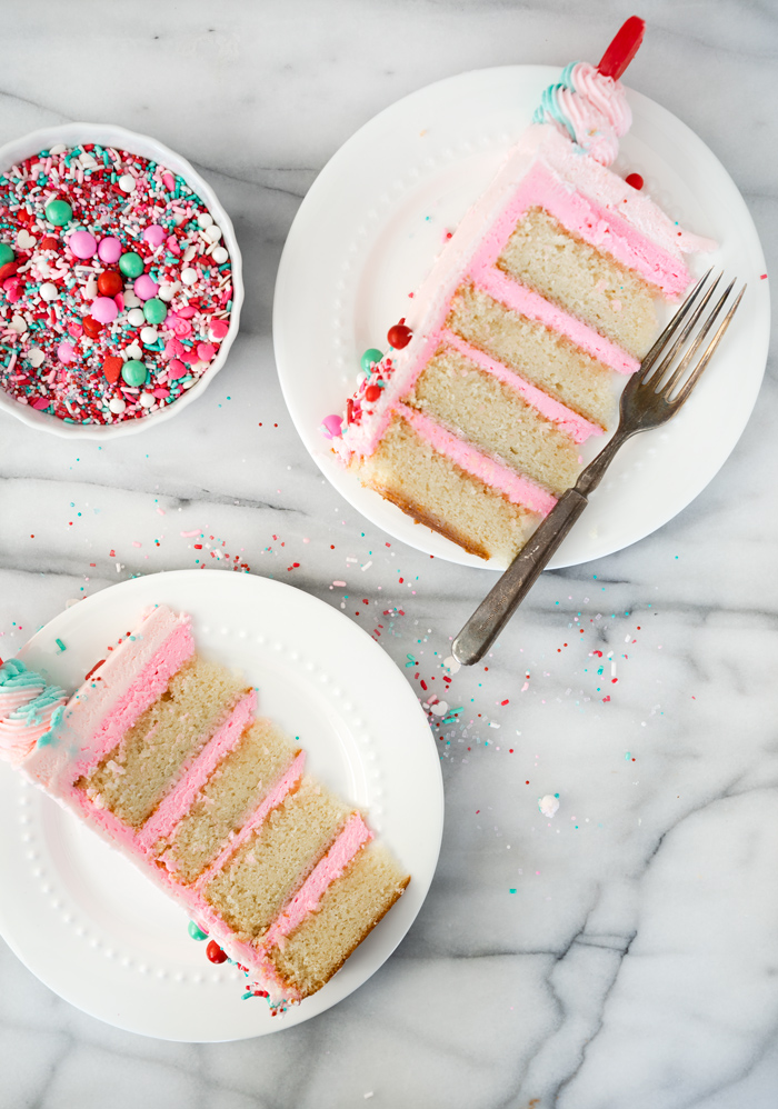 Valentines Day Almond Cake. Cake scented with the light flavor of almond frosted in a traditional american buttercream. #layercake #cake #valentinesday | thesugarcoatedcottage.com