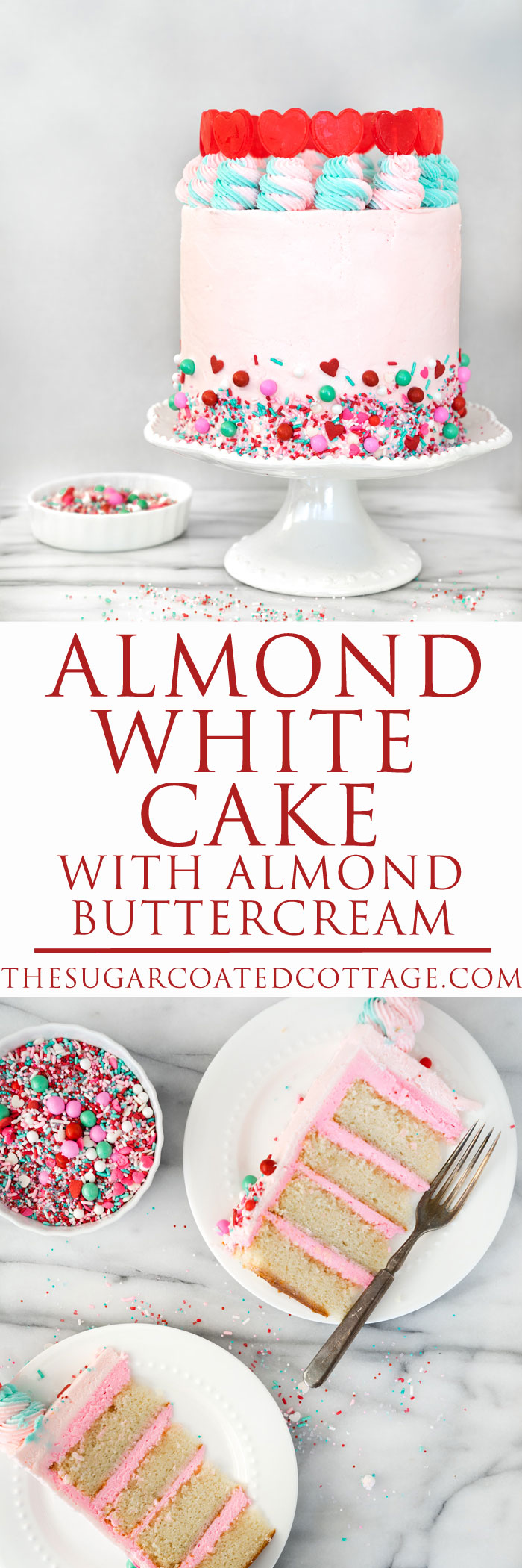 Valentines Day Almond Cake. Cake scented with the light flavor of almond frosted in a traditional american buttercream. #layercake #cake #valentinesday | thesugarcoatedcottage.com