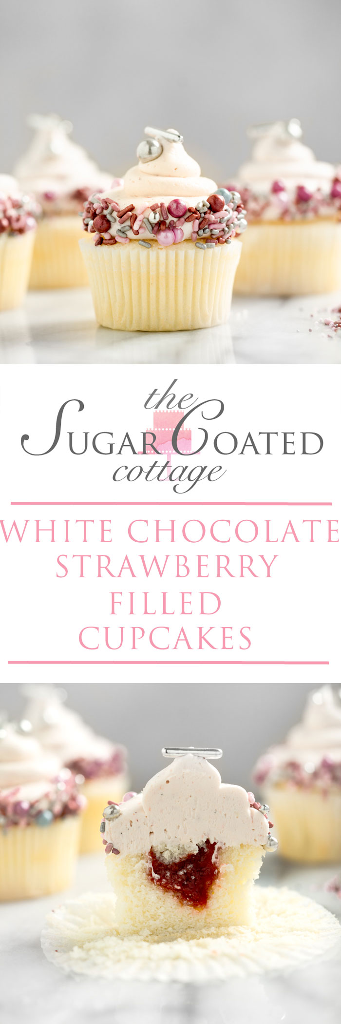 White Chocolate Strawberry filled cupcakes. White chocolate strawberry buttercream on top of a strawberry puree filled cupcake!! #cupcakes #buttercream | thesugarcoatedcottage.com